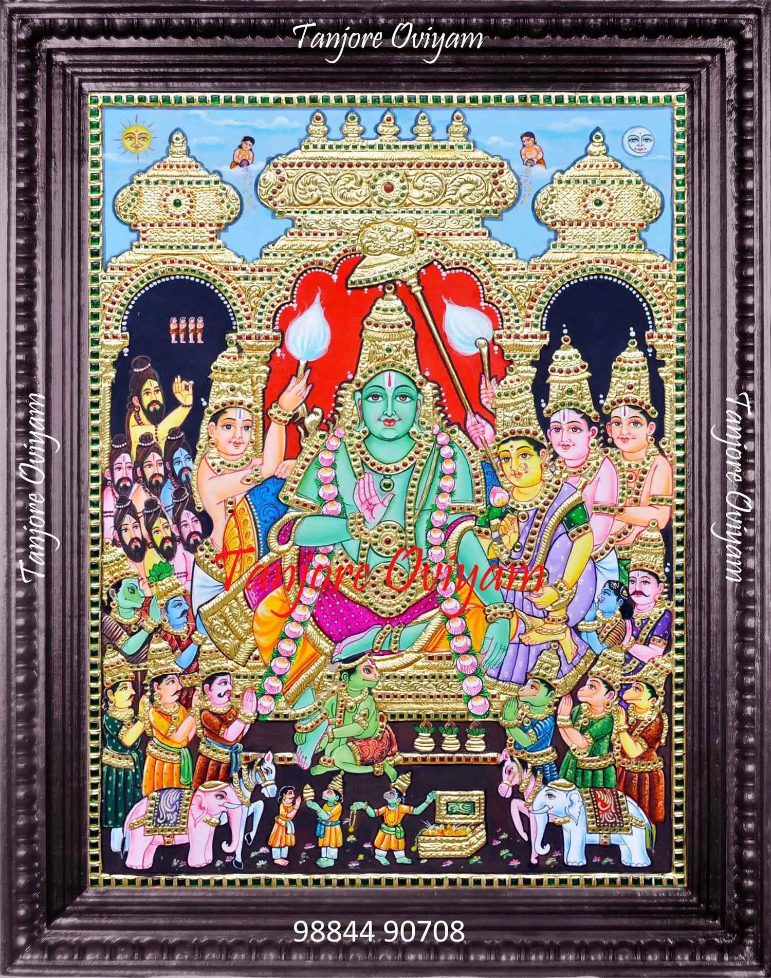 Handmade Ramar Pattabishegam Tanjore Painting showing Lord Rama’s coronation with Sita, Hanuman, and royal assembly in traditional Thanjavur gold foil art